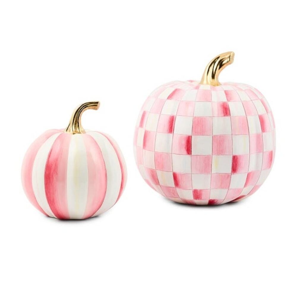 Mackenzie-Childs Classic Bubblegum Stripe Small & Check Medium Pumpkin Set New